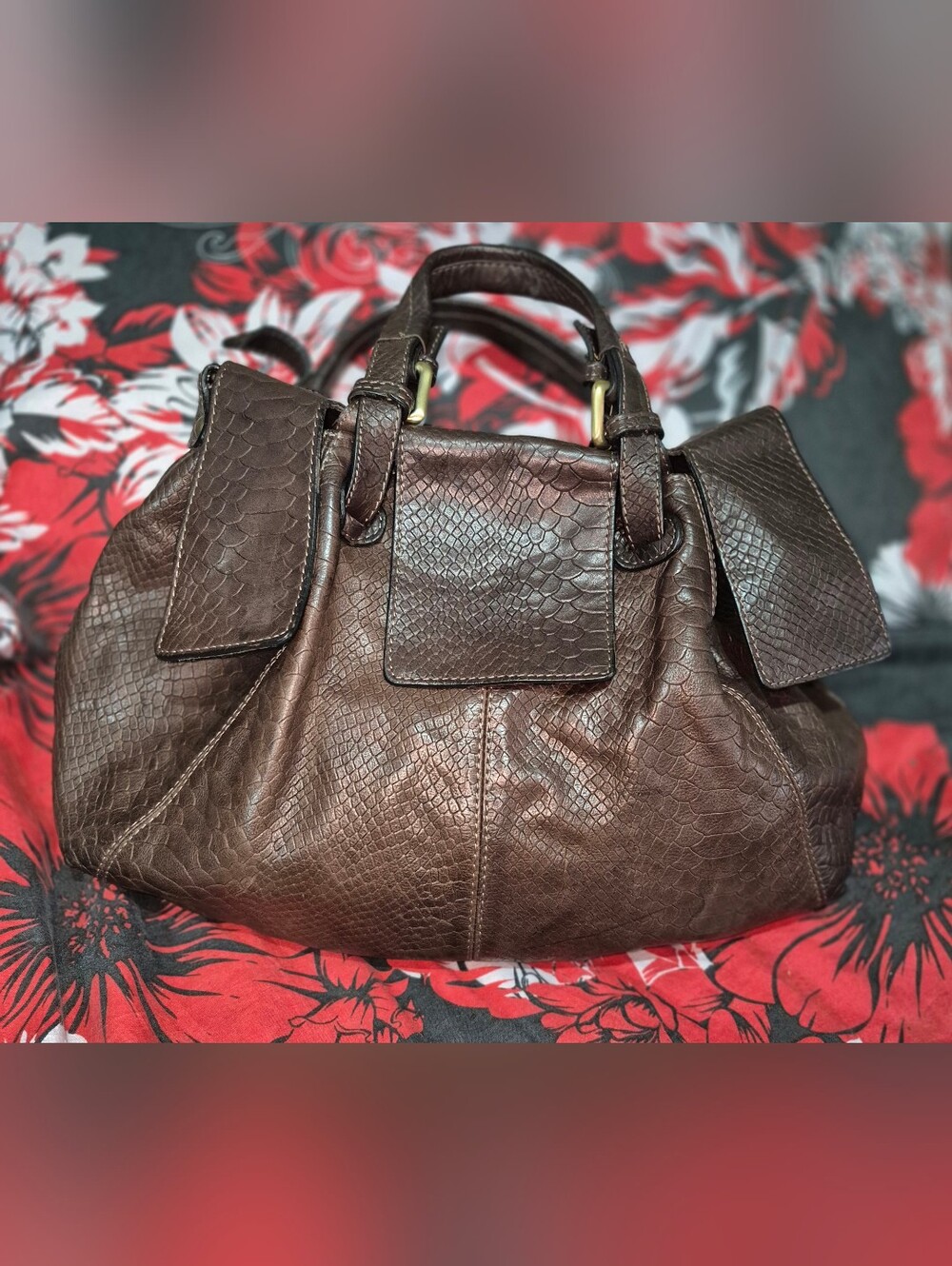 Source Unknown Brown Snakeskin Satchel with Gold-Tone Accents